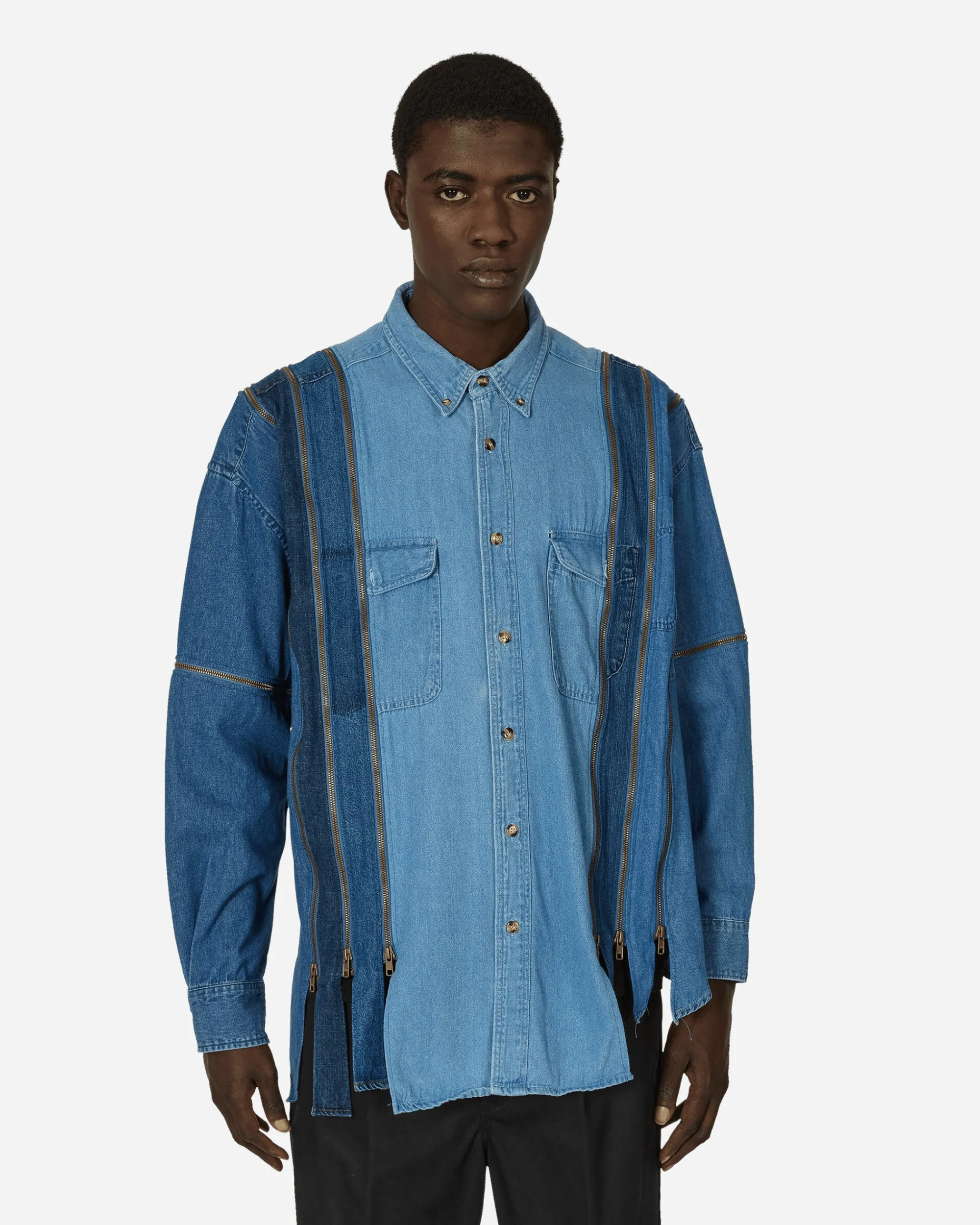 Needles Shirts^7 Cuts Zipped Wide Denim Shirt Blue