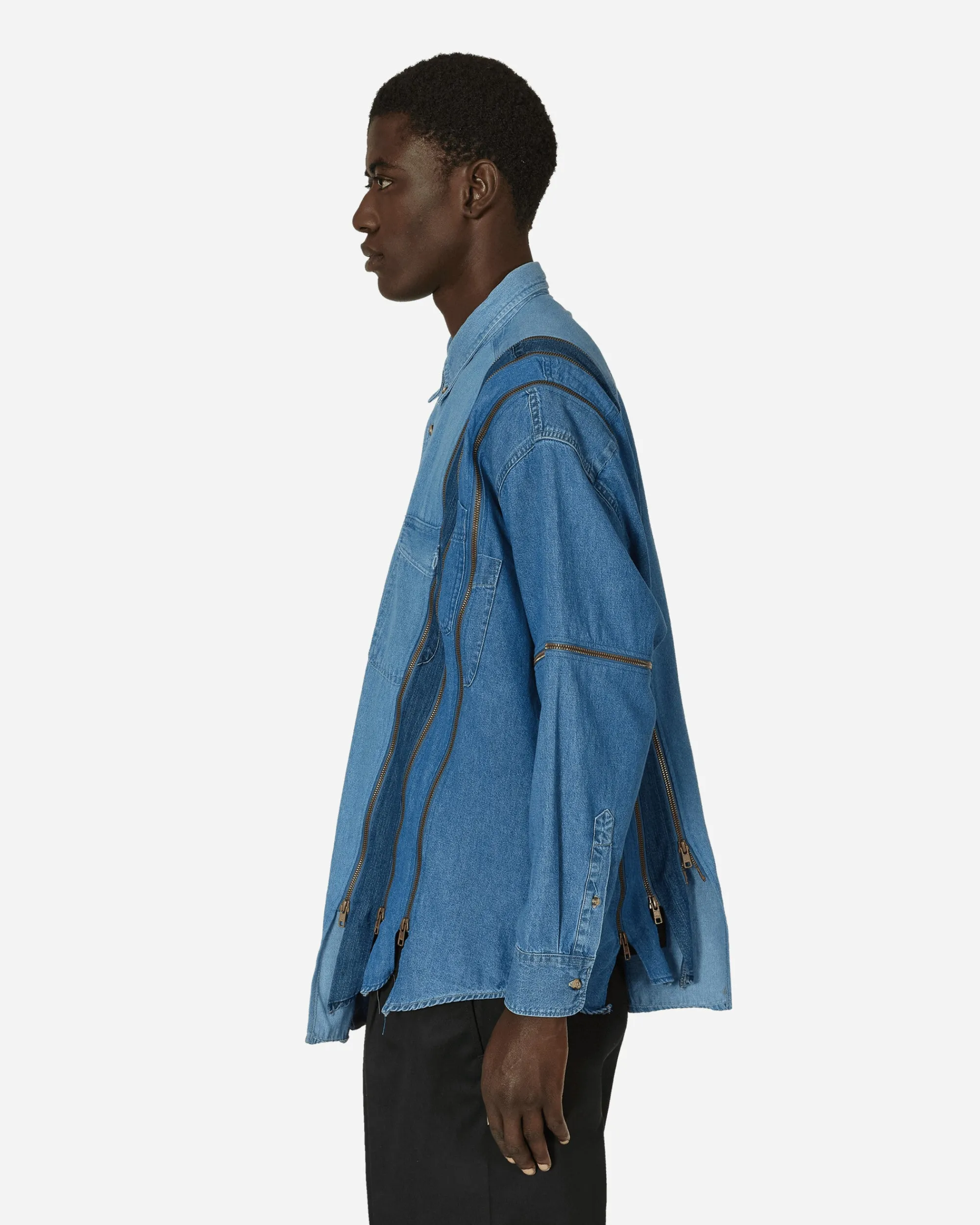 Needles Shirts^7 Cuts Zipped Wide Denim Shirt Blue