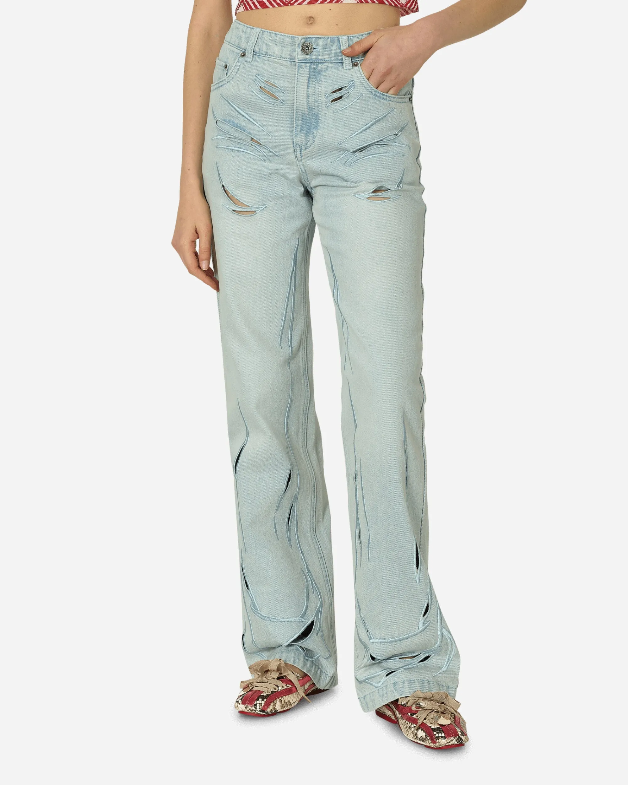 MARRKNULL Pants^Embroidery Cutout Folds Jeans Blue