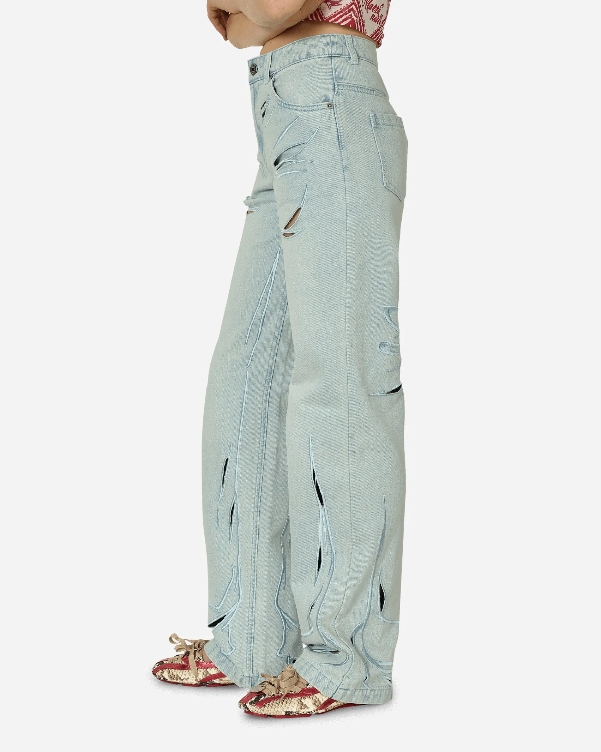 MARRKNULL Pants^Embroidery Cutout Folds Jeans Blue