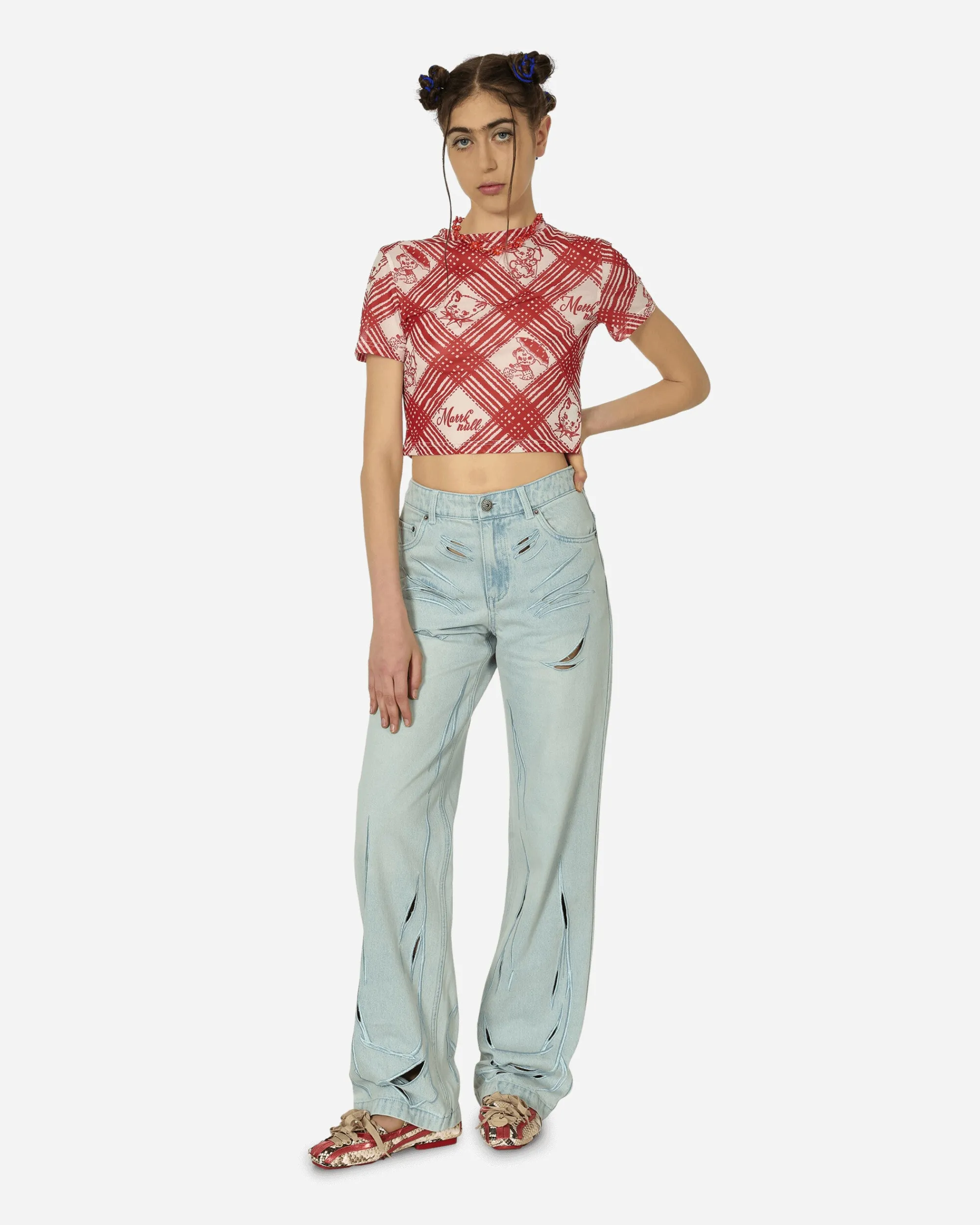 MARRKNULL Pants^Embroidery Cutout Folds Jeans Blue