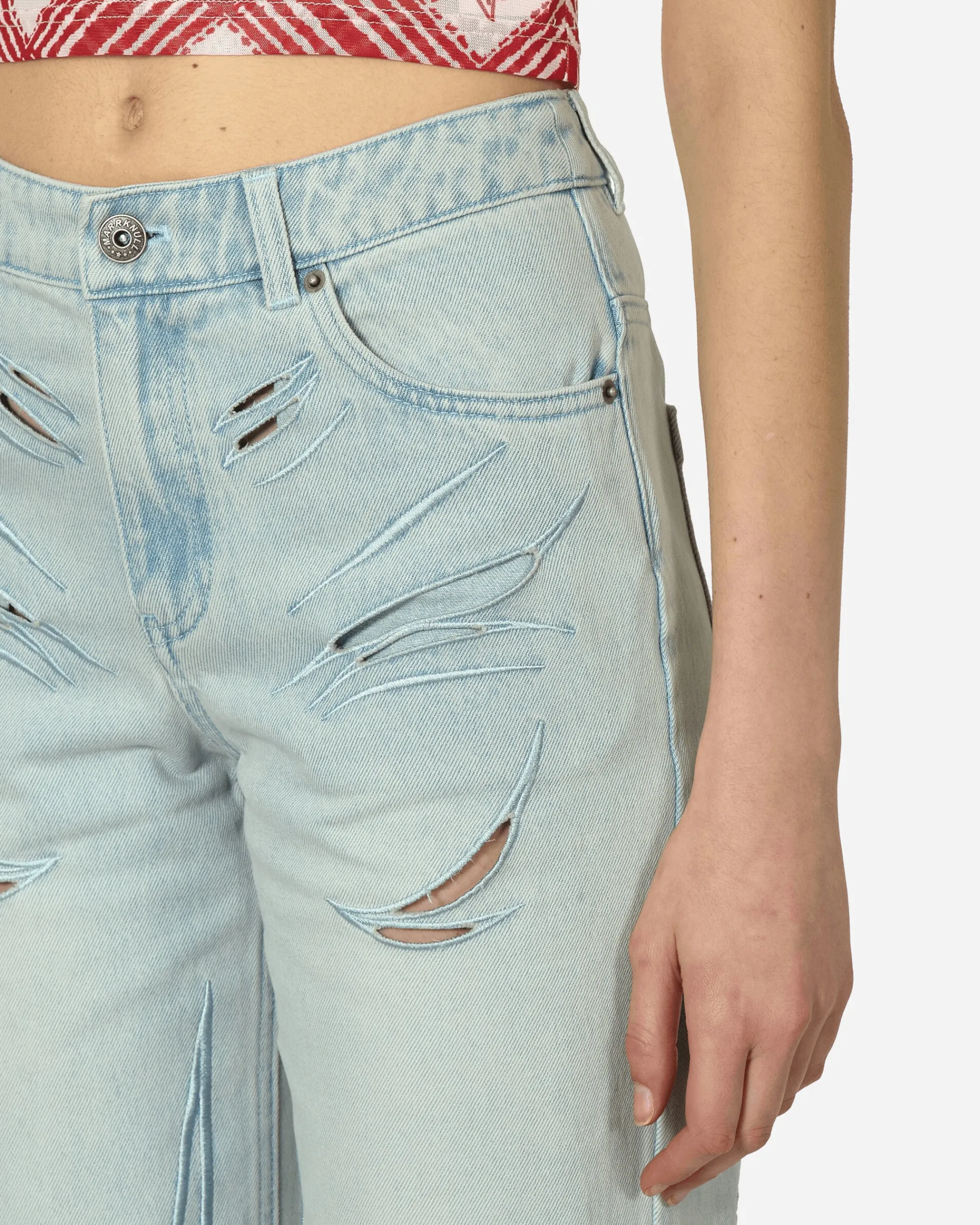 MARRKNULL Pants^Embroidery Cutout Folds Jeans Blue
