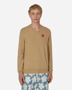 Comme Des Garçons Play Knitwear^Invader Heart V-Neck Sweater Beige