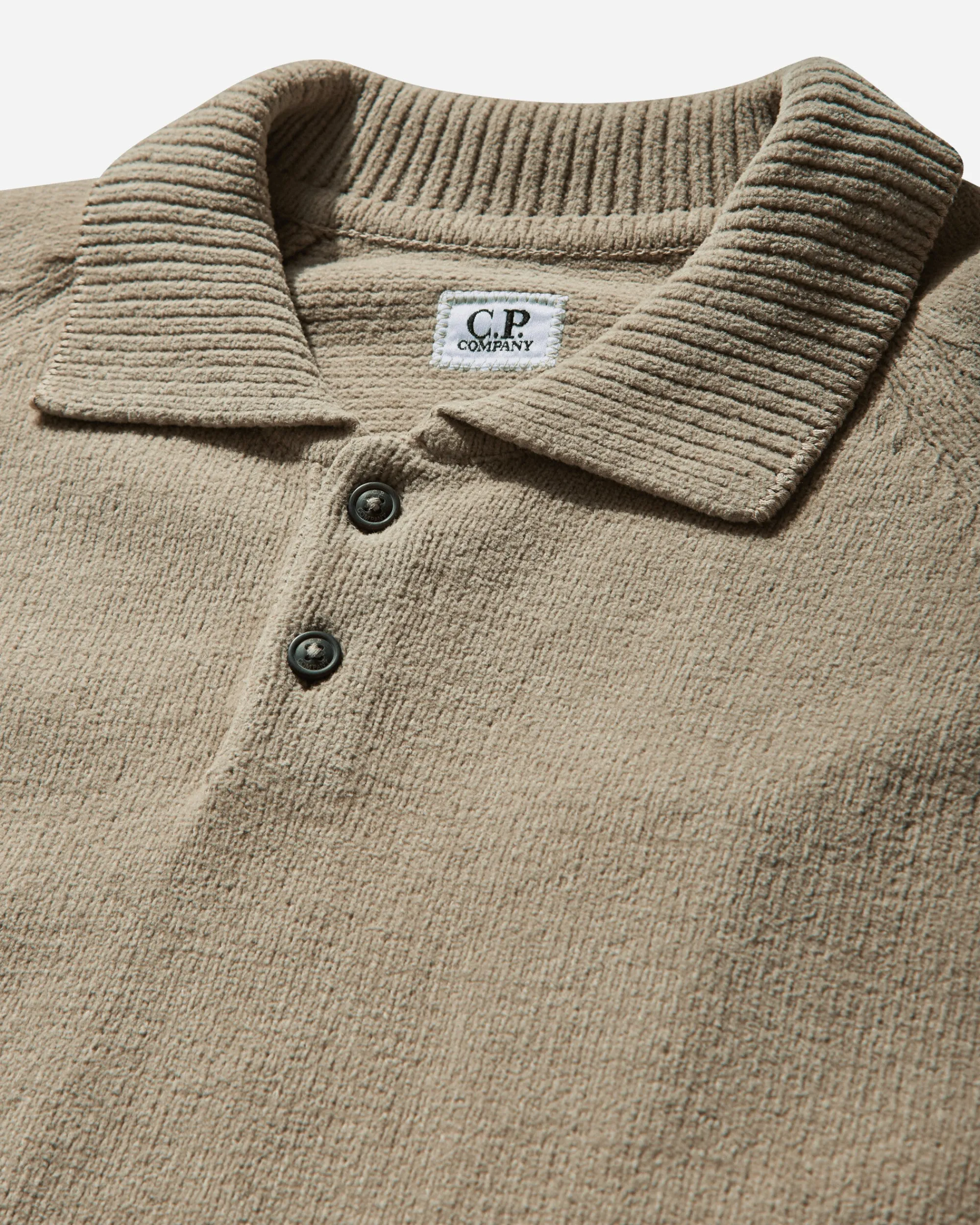 C.P. Company Knitwear^Men's Chenille Cotton Polo Knit Sweater Vintage Khaki
