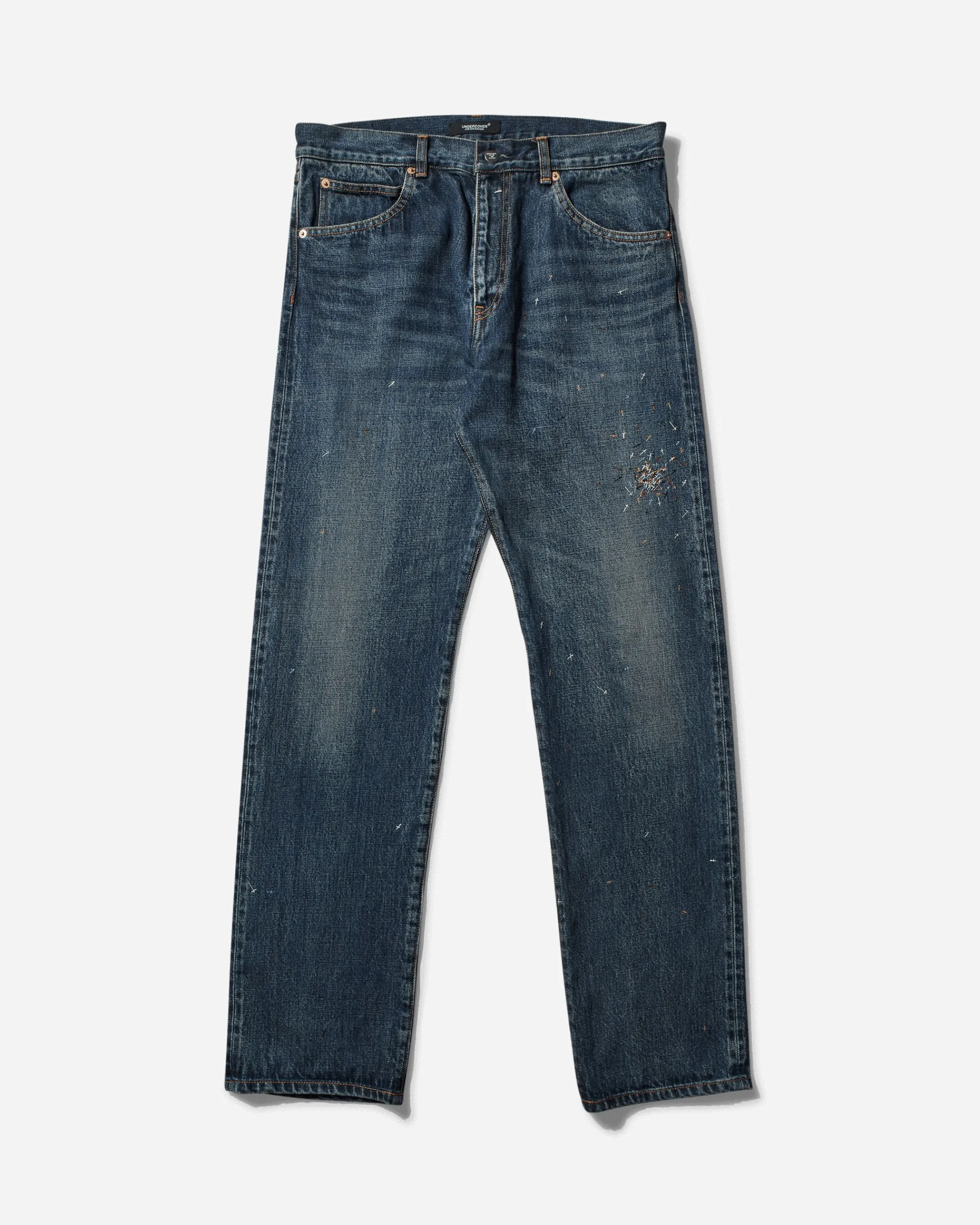 Undercover Pants^Men's Cross Embroidery Distressed Denim Pants Light Blue Indigo
