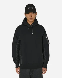 sacai Sweatshirts^Sponge Sweat x Nylon Twill Hooded Sweatshirt Black / Black