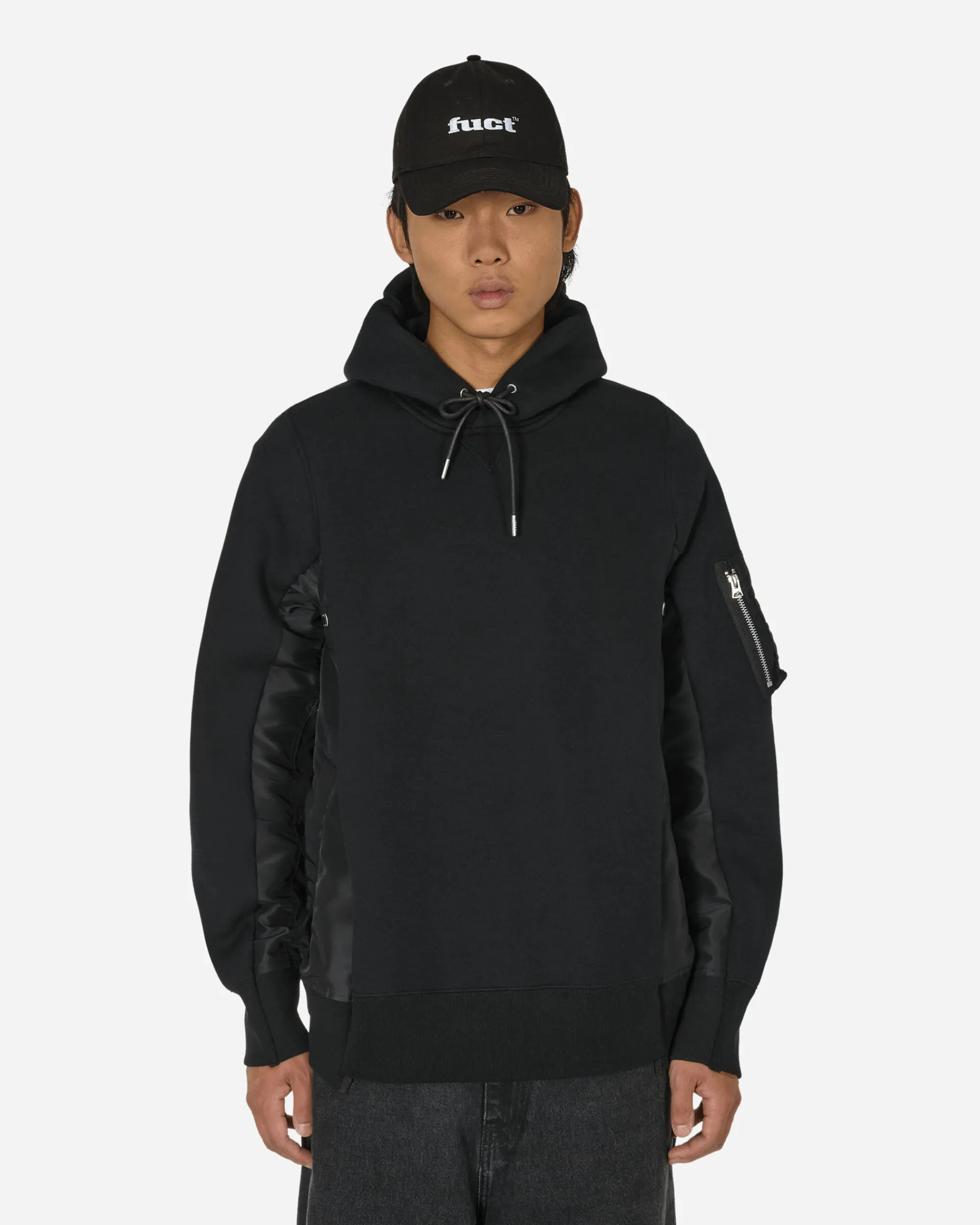 sacai Sweatshirts^Sponge Sweat x Nylon Twill Hooded Sweatshirt Black / Black
