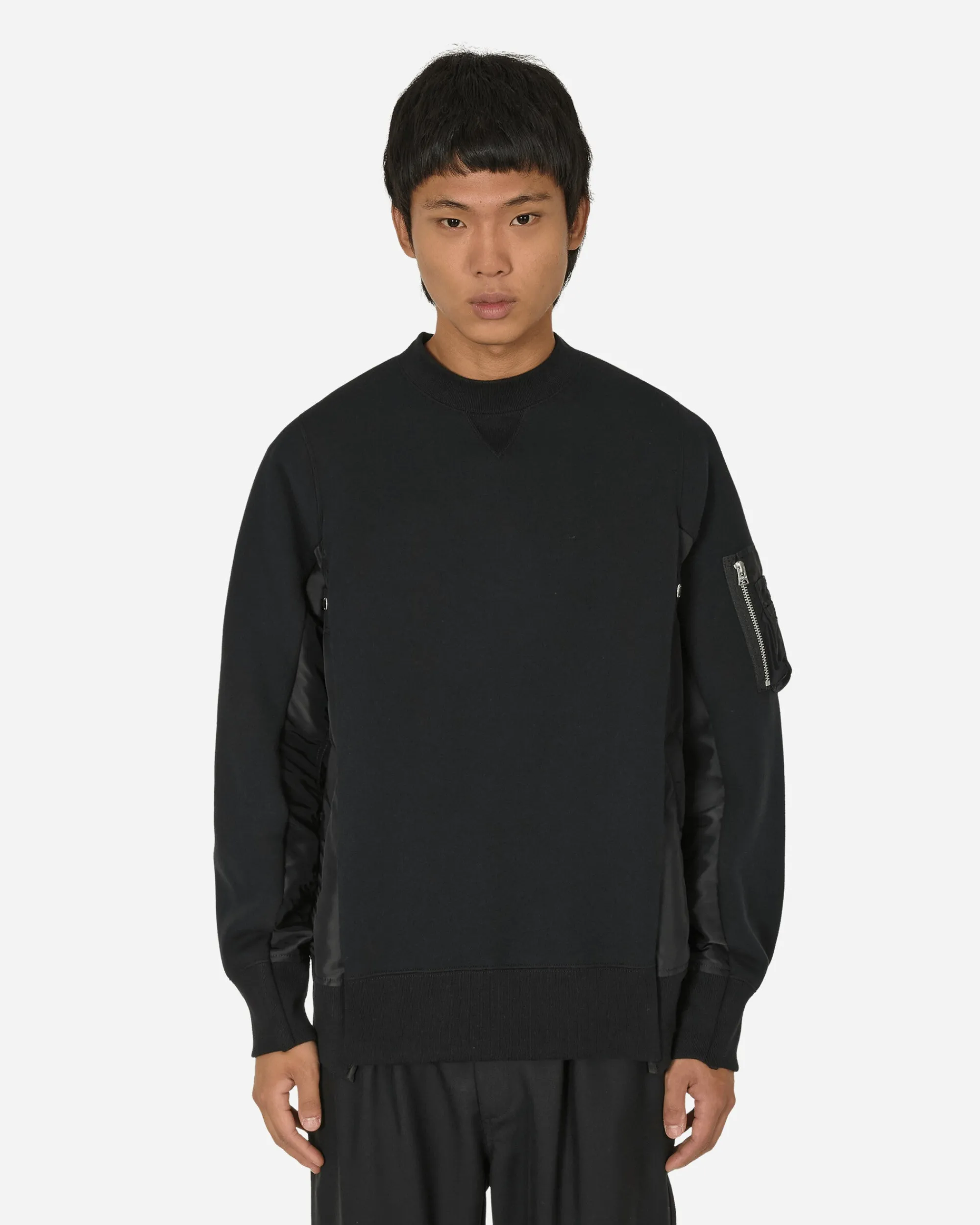 sacai Sweatshirts^Sponge Sweat x Nylon Twill Crewneck Sweatshirt Black / Black