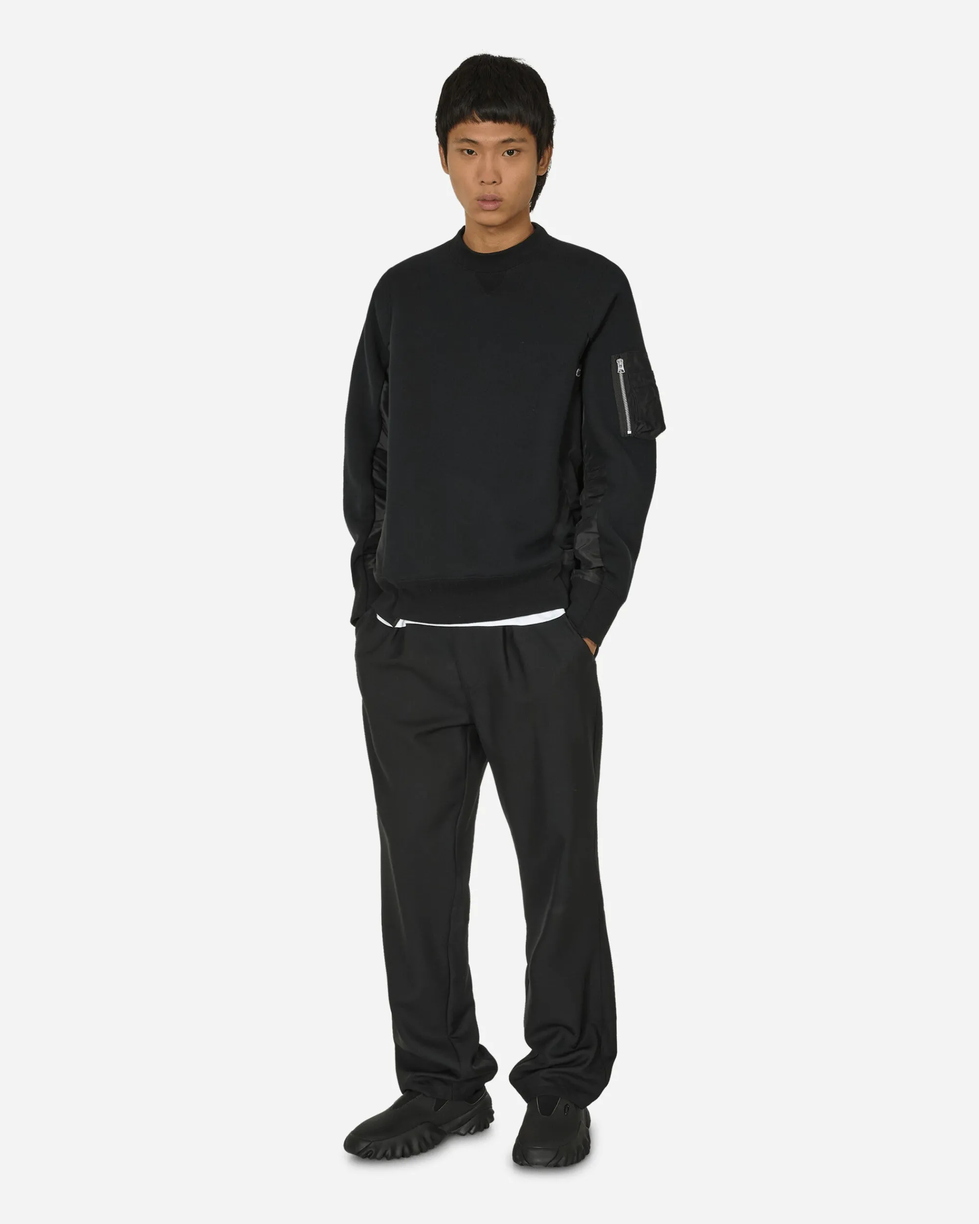 sacai Sweatshirts^Sponge Sweat x Nylon Twill Crewneck Sweatshirt Black / Black