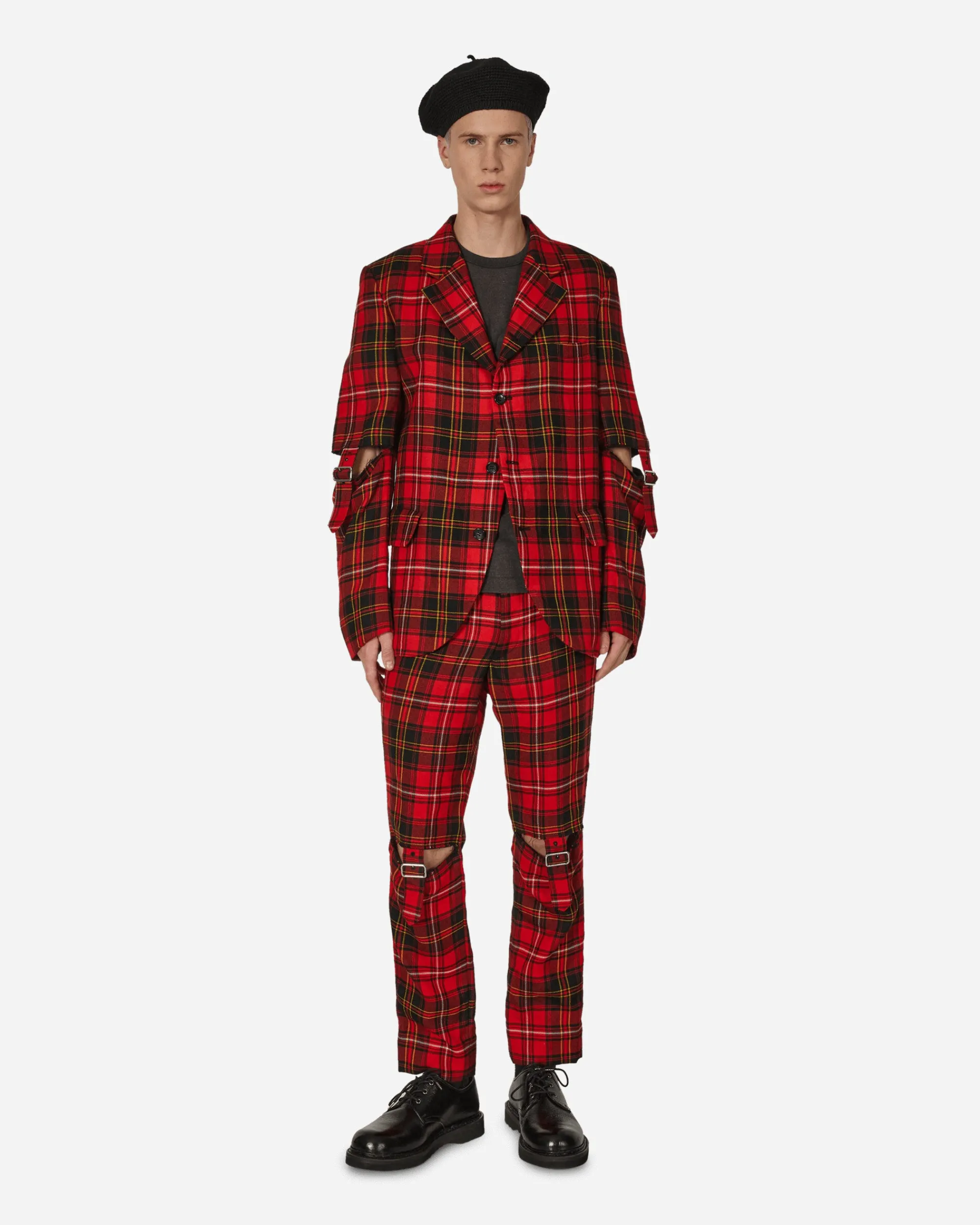 Comme Des Garçons Black Pants^Tartan Knee Buckle Detail Pants Red